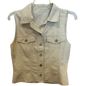 Sleeveless button front vest cream western button pockets back yoke size small